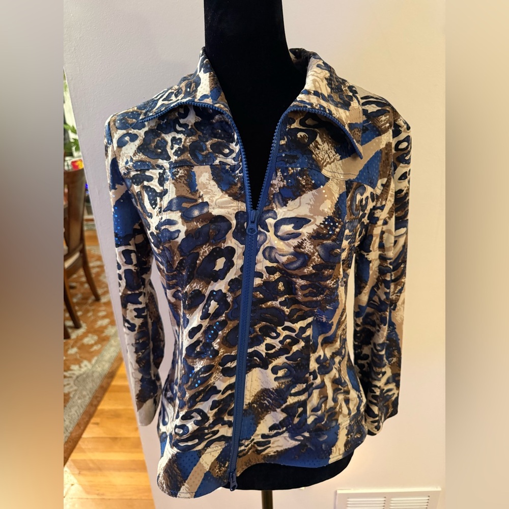 CLARA SUNWOO Animal Print Bomber Jacket in Blue and Brown